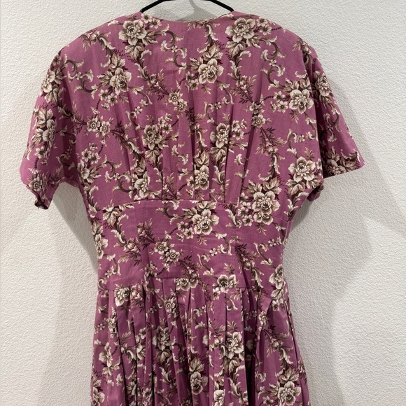 Vintage Herman Geist 100% Cotton Floral Retro Fit Maxi Purple Cream Dress 12 - Picture 10 of 14
